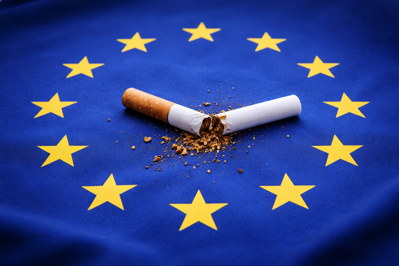 Eine zerbrochene Zigarette liegt im Sternenkreis der EU-Flagge – Symbol für den politischen Streit um die Tabaksteuer und den Verdacht koordinierter Einflussnahme auf die Konsultation der EU-Kommission.