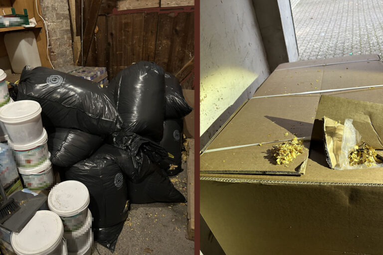 In der Garage in Germersheim fanden die Zollfahnder Eimer mit unversteuertem Wasserpfeifentabak und Säcke und Kartons voller Rohtabak. Quelle: ZFA Frankfurt am Main