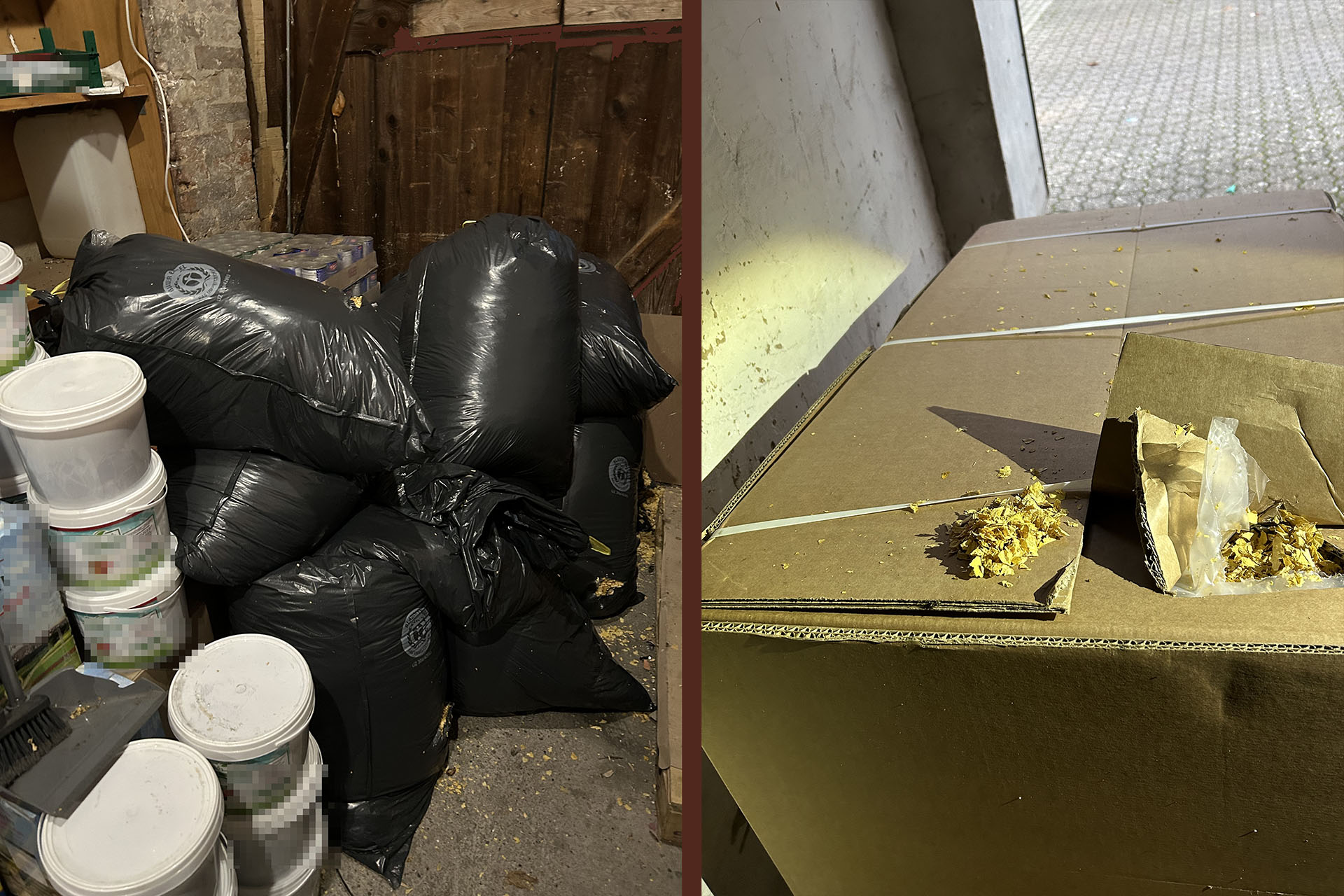 In der Garage in Germersheim fanden die Zollfahnder Eimer mit unversteuertem Wasserpfeifentabak und Säcke und Kartons voller Rohtabak. Quelle: ZFA Frankfurt am Main