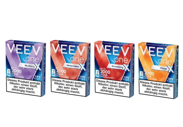 Ein noch intensiveres Aroma bieten die neuen VEEV ONE Extra Pods in den Geschmacksrichtungen Blueberry, Watermelon, Strawberry und Mango.